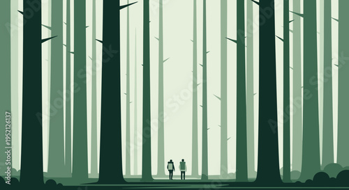 Minimalist Flat Design Illustration of Two Hikers Exploring a Deep Dense Green Forest with Tall Vertical Pine Trees