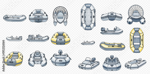Set of inflatable boats for water recreation and fishing, various types and sizes of rubber dinghies for outdoor activities.