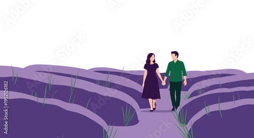 Romantic Couple Holding Hands Walking Through Lavender Field Flat Vector Illustration