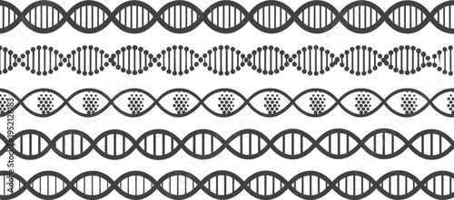 Set of DNA double helix spiral line art icons and genetic borders for science research, biotechnology, medical education, and molecular biology design projects
