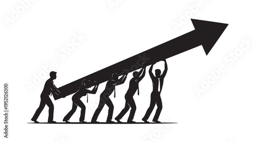 Silhouette of a diverse business team working together to lift a giant upward growth arrow for corporate success.
