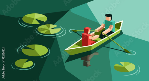 Isometric Low Poly Illustration of a Couple Rowing a Boat on a Calm Lake with Lily Pads - Concept for Teamwork, Partnership, and Outdoor Leisure Activity