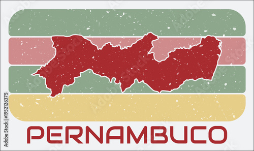 Pernambuco, Brazil vintage logo. Shape of the state on retro colored stripes background. Pernambuco, Brazil map design with grunge scratch texture. Vector illustration.
