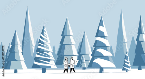 Minimalist Winter Forest Landscape with Couple Walking in the Snow - Geometric Flat Illustration Vector Art