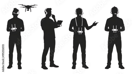 Drone Pilots Operating Unmanned Aerial Vehicles A Set of Silhouettes Depicting Modern Aerial Technology and Remote Control Expertise