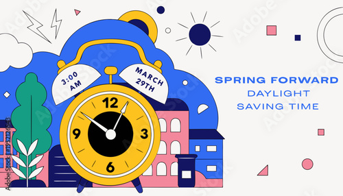 A vibrant illustration depicts a yellow alarm clock signaling the transition to daylight saving time and spring forward on march 29th, 2026. high-quality professional detailed