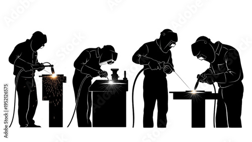 Skilled Workers Silhouettes Performing Various Welding Operations with Torches and Protective Gear