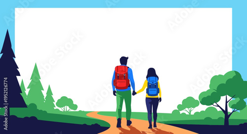 Couple Hiking in Nature with Backpacks and Copy Space Illustration. Man and Woman Walking on Forest Trail Toward Bright White Background. Adventure, Travel and Discovery Concept.