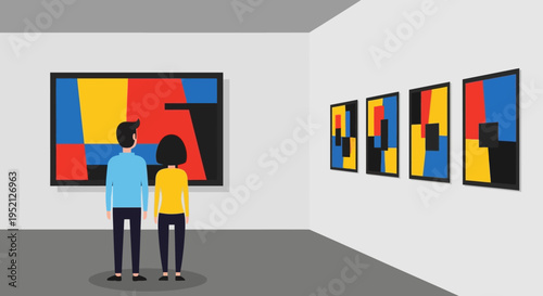 Flat vector illustration of a man and woman visiting a modern art gallery, looking at colorful abstract geometric paintings in a minimalist museum setting
