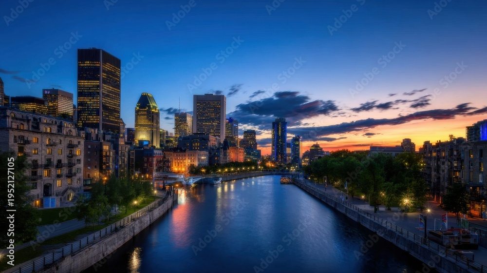 Obraz premium Modern city skyscrapers lining a river at sunset with blue hour reflections on the water, urban infrastructure and downtown skyline for travel and real estate