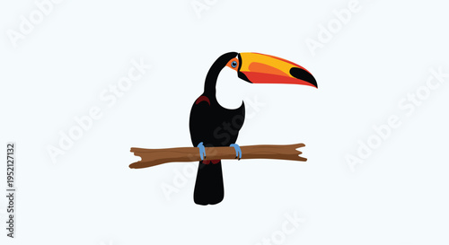 Colorful toucan bird with a large orange and black beak perches on a brown tree branch against a pale blue sky background.