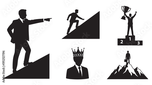 Business success and leadership concept silhouettes showing a businessman climbing a career ladder and celebrating achievement.