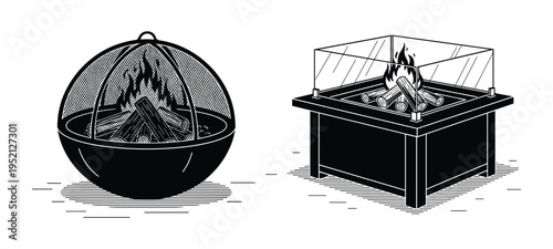 Modern fire pit vector illustration featuring round bowl and square glass heater