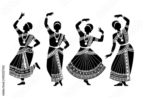 Four graceful women in traditional Indian attire performing classical dance poses in silhouette