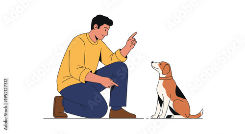 Man kneels on the floor to train his beagle dog with hand gestures, showing a strong bond between the pet and its owner.