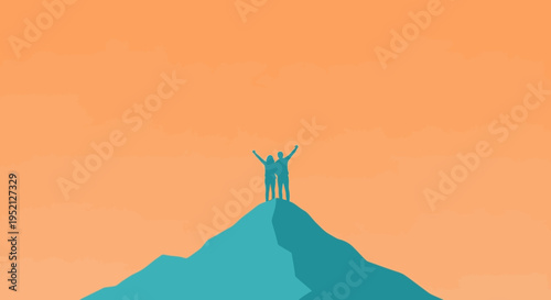 Minimalist Illustration of Couple Standing on Mountain Peak Celebrating Success and Achievement