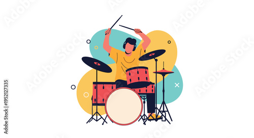Energetic drummer playing a full drum set with headphones on, set against a vibrant and colorful abstract background.