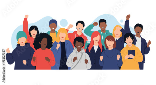 Large diverse crowd of people standing together with cheerful expressions, representing a unified and happy community.