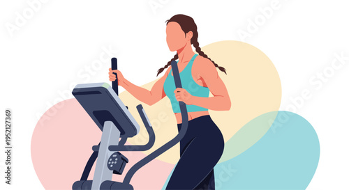 Woman with braided hair working out on an elliptical trainer machine against a vibrant and colorful abstract background.