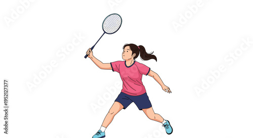 Young woman playing badminton, holding a racket and ready to strike the shuttlecock in an active sports illustration.