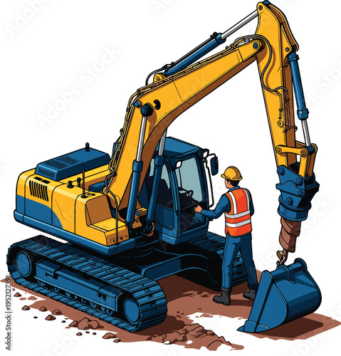 Isometric vector illustration of a heavy yellow excavator with a drilling attachment and a construction worker operator standing on a dirt ground site (24 words)
