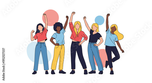 Diverse group of women stand together with raised fists symbolizing unity, strength, and empowerment against a background with soft circles.
