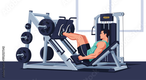 Athletic man exercises on a leg press weight machine at the gym to build muscle and improve fitness during a workout session.