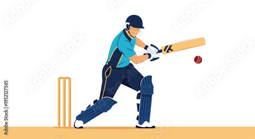 Professional cricket batsman in full gear swings his bat to hit a red ball during a match on an outdoor sports field.