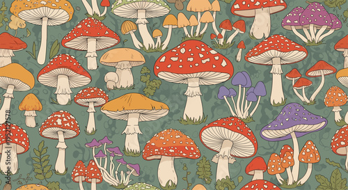 Detailed seamless pattern features an array of colorful mushrooms and toadstools in red, orange, and purple hues on a muted green forest floor.