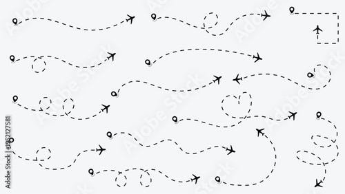 Aircraft Flight Path with Dotted Line Trace, Waypoint Route and Airplane Symbol Vector