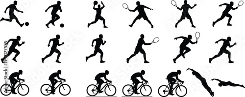 Large collection of black sports silhouettes including soccer players tennis athletes runners cyclists and swimmers isolated on white background for active lifestyle design projects.