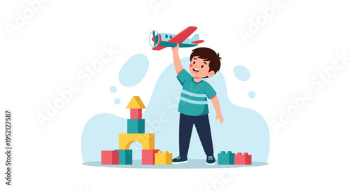 Happy young boy plays on the floor with colorful building blocks and a red toy airplane while imagining a fun adventure.