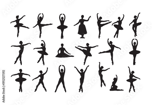 Numerous graceful black silhouettes of ballerinas performing elegant classical ballet dance movements and poses