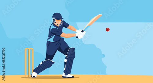 Cricket batsman wearing protective gear prepares to hit a red ball with his bat during a game on a sunny field with a blue sky.