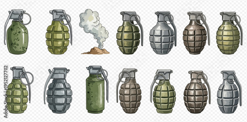 Set of Hand Grenades and Smoke Bomb Illustrations.