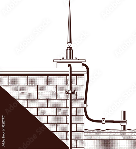 Lightning conductor vector illustration, protection system mounted on building roof