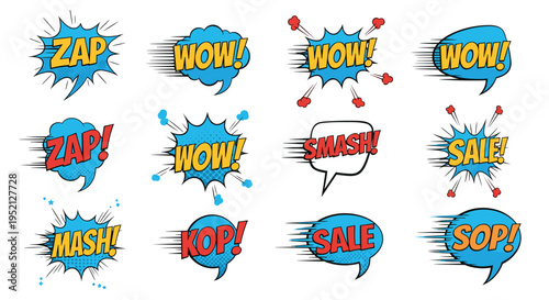 Set of blue comic book speech bubbles features explosive words like zap, wow, and smash in a dynamic pop art style.
