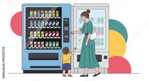 Young woman interacts with a colorful vending machine while a small child reaches up to help in an outdoor or public setting.