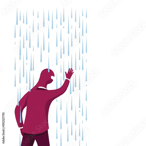 Man in suit frustrated by heavy rain, reaching out hand in despair, isolated on white background
