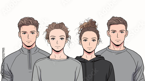 Group of four young adults standing together in casual clothes against a plain background during daytime