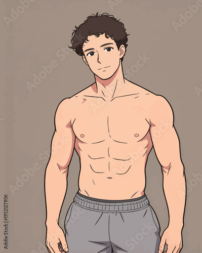 Young man stands shirtless in front of a plain background with a neutral expression during indoor setting in afternoon