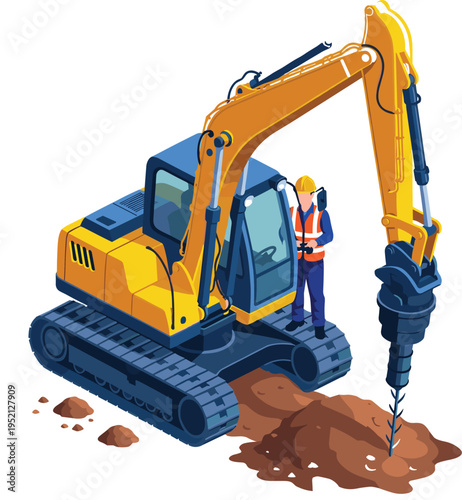 Isometric vector illustration of a yellow heavy excavator with a drilling attachment and a construction worker operator on a white background ground site (23 words)