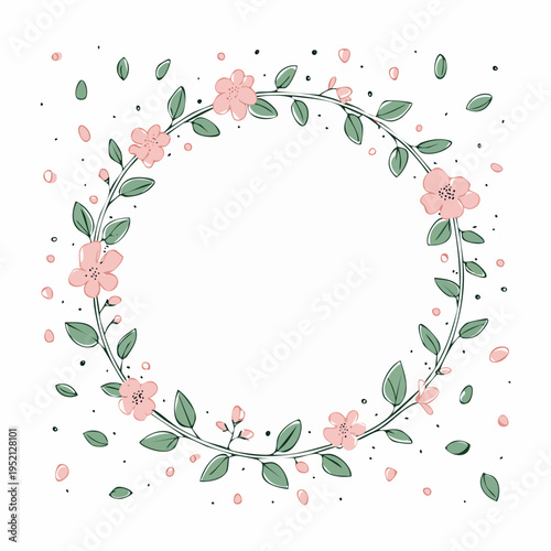 桜の花と爽やかな若葉の和モダンな円形飾り枠