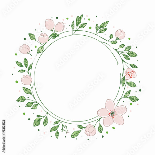 桜の花と爽やかな若葉の和モダンな円形飾り枠