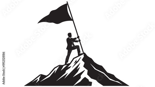 Businessman Silhouette Holding a Flag on Top of a Mountain Peak Representing Success and Achievement