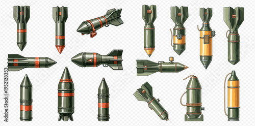 Set of various bombs, missiles, and torpedoes, representing military weaponry and warfare elements.