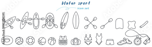 Water sport icon set features various symbols representing activities like kayaking, surfing, and swimming. This collection showcases essential gear and equipment for water enthusiasts