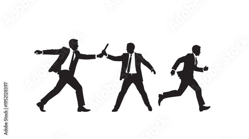 Businessman Silhouette Passing a Relay Baton to Colleague Representing Successful Teamwork and Business Continuity