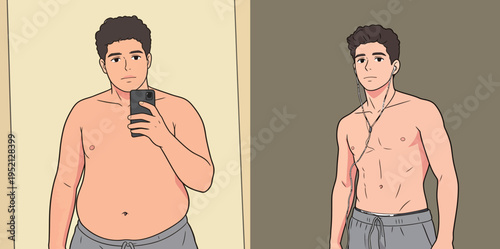 Boy shows body transformation from before to after weight loss in bathroom setting