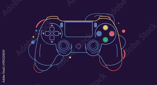 Neon-style outline of a modern video game controller is surrounded by colorful dots and swirling lines on a dark purple background.